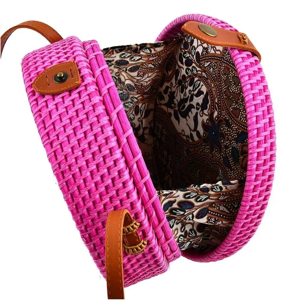 Pink Round Rattan Crossbody Bag‎ Seashell Floral Woven Boho Beach Purse Handbag